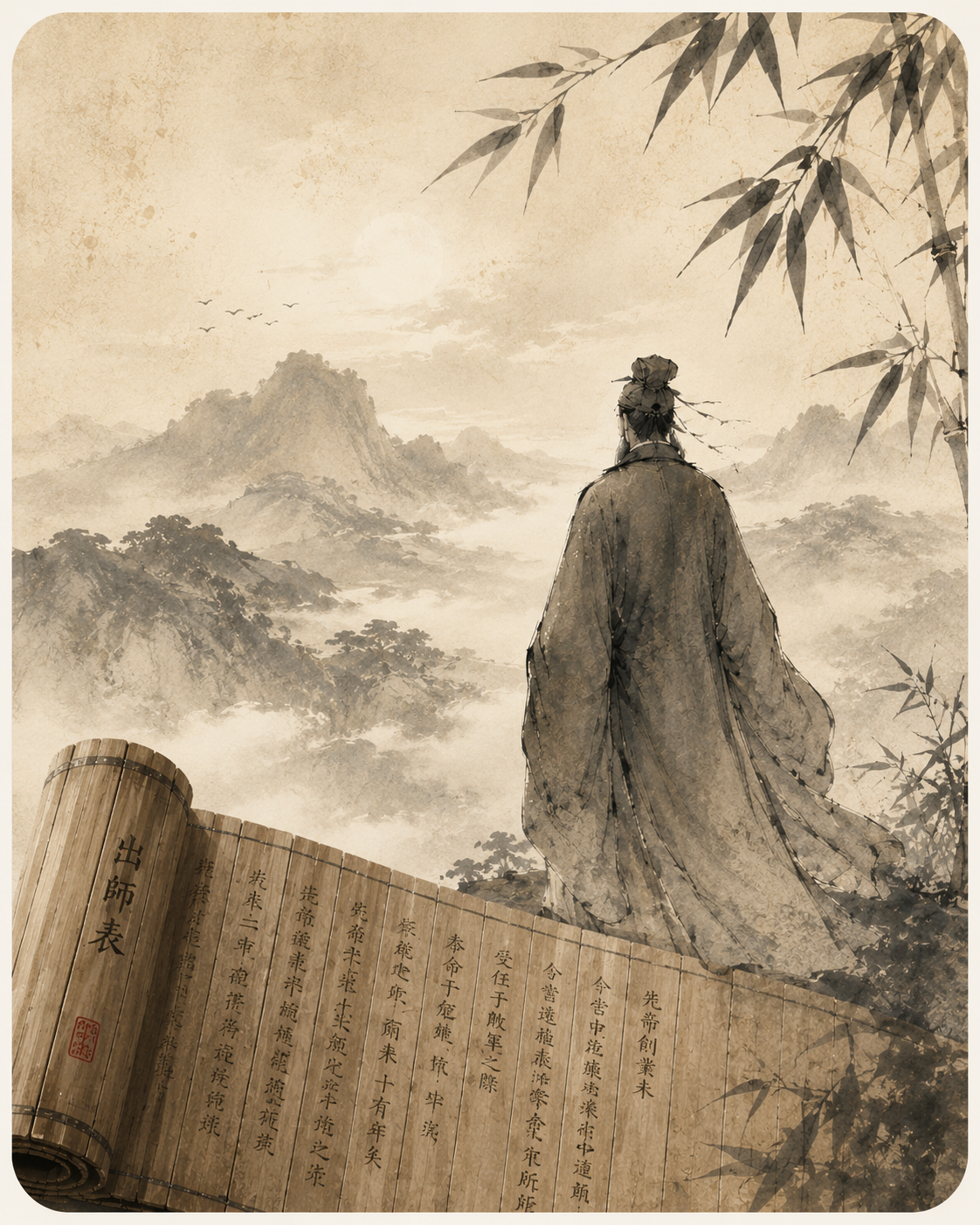 水墨诸葛亮背影与《出师表》竹简